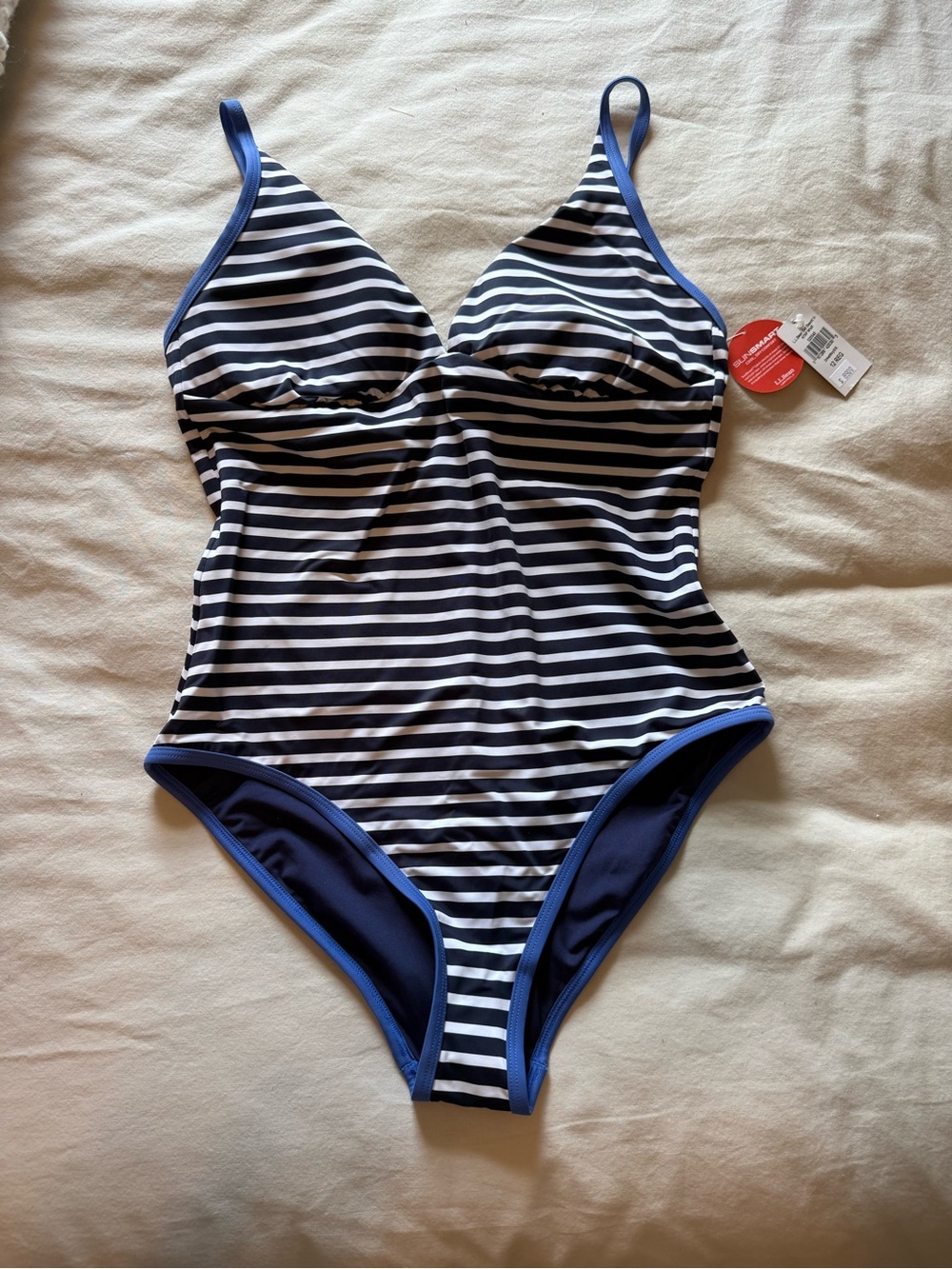 L.L. Bean Navy and White Striped One-Piece Swimsuit